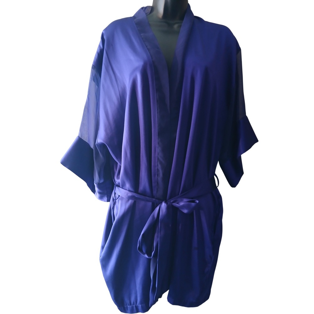 Royal Purple Satin Short Robe Sheer Mesh Sleeve Accent Wrap Belted Kimono Lounge
